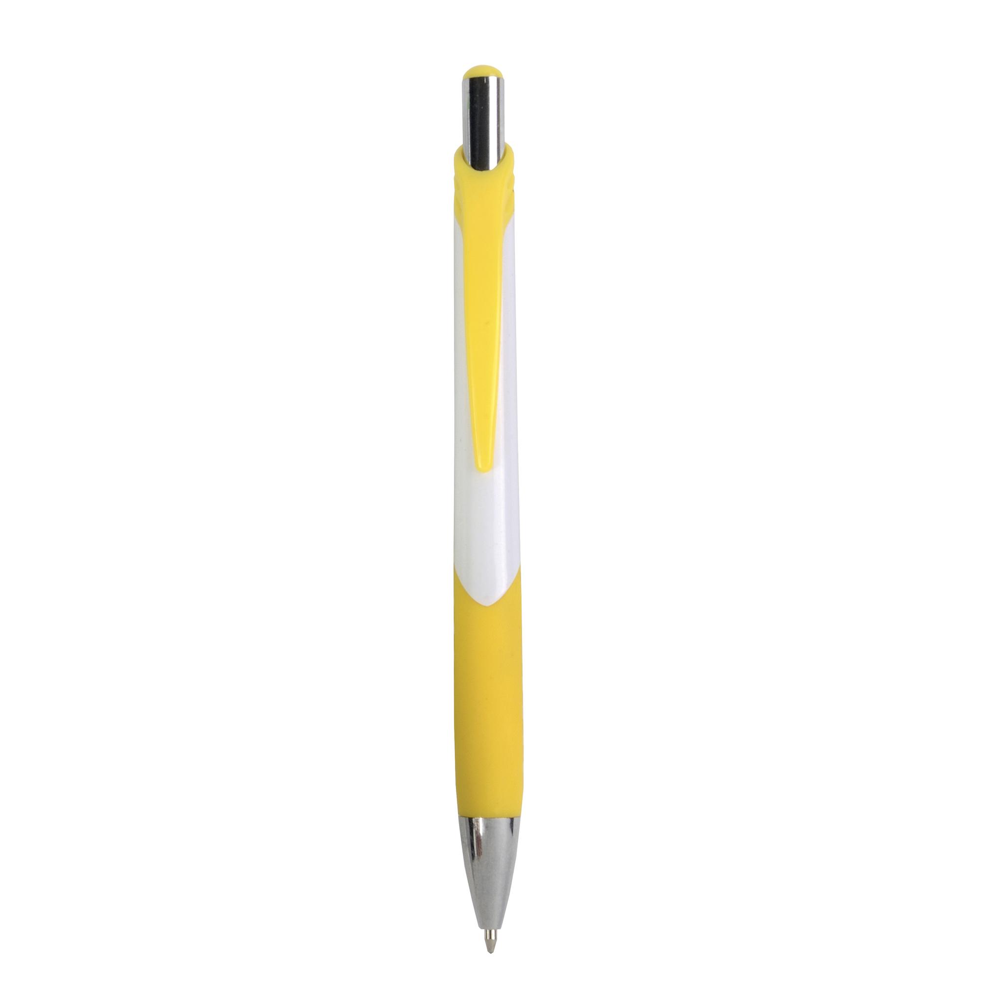 Penna a scatto in plastica con fusto bianco, impugatura gommata e colorata Penna a scatto in plastica con fusto bianco, impugatura gommata e colorata