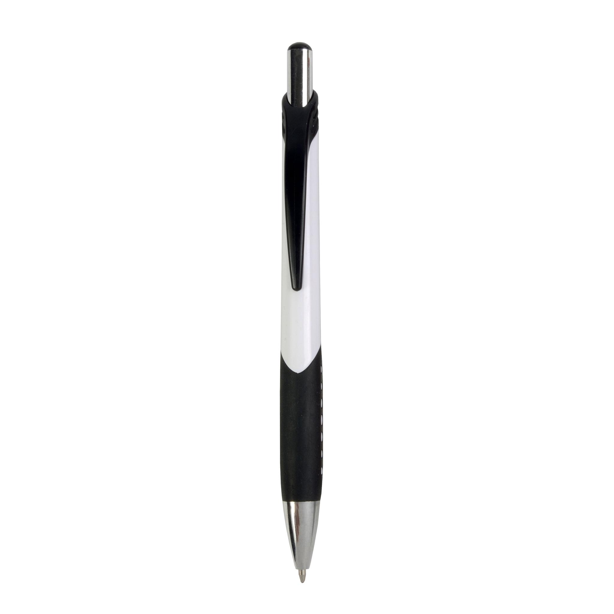 Penna a scatto in plastica con fusto bianco, impugatura gommata e colorata Penna a scatto in plastica con fusto bianco, impugatura gommata e colorata